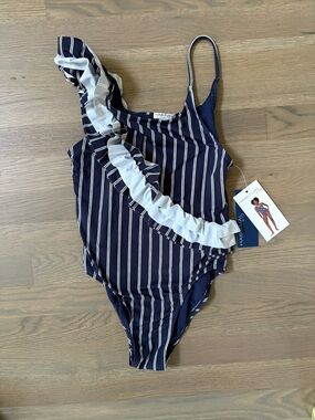 Habitual Navy and White Striped Ruffle One-Piece Swimsuit - Kids